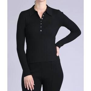 NEW MINNIE ROSE ribbed collared henley top in black